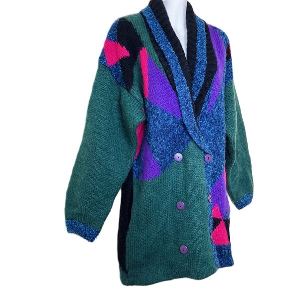 La Monte Mohair Blend Knit Cardigan Sweater Jacket Vintage Jewel Tone Geometric - Picture 11 of 11